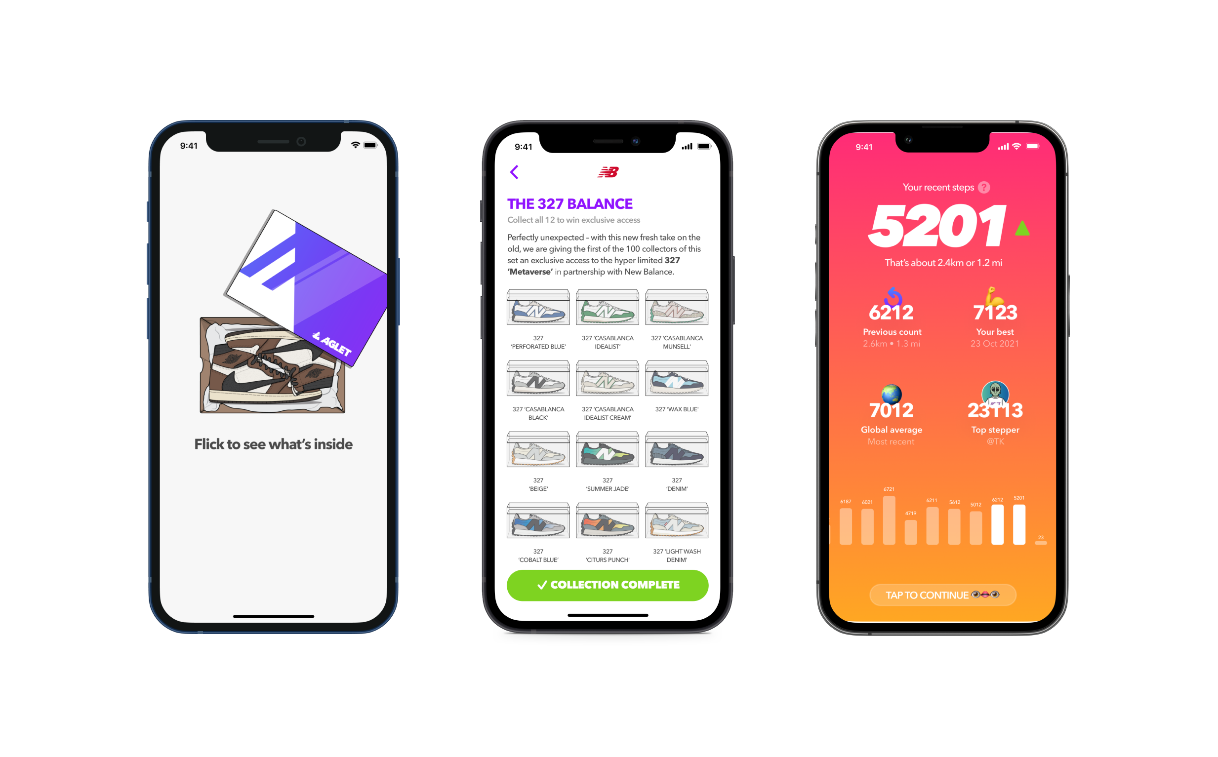 Aglet app user journey screens displaying onboarding flow, achievement notifications, daily challenges, and gamification mechanics designed for user retention