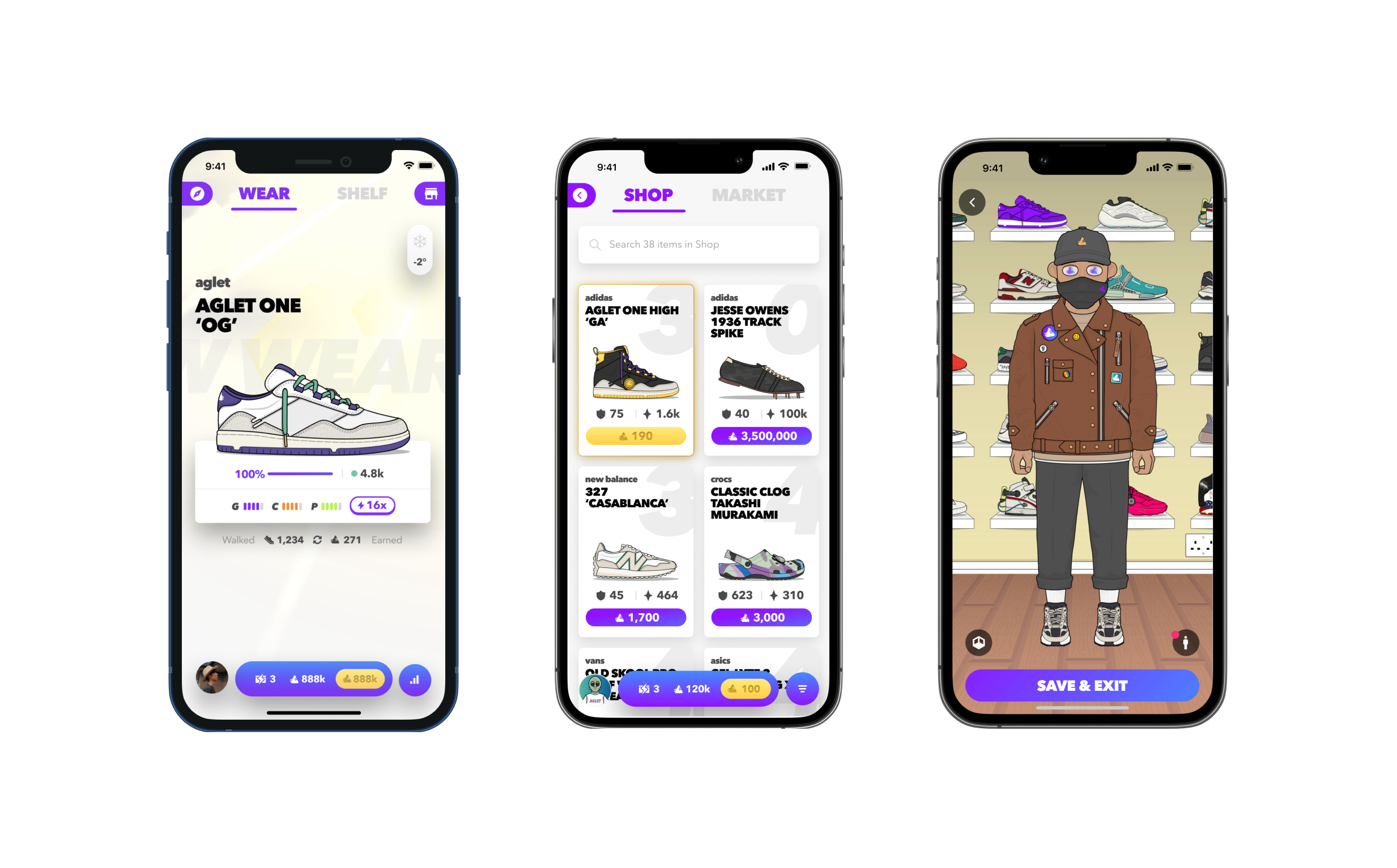 Multiple Aglet app screens showing sneaker marketplace, virtual currency transactions, inventory management, and in-app purchase flows