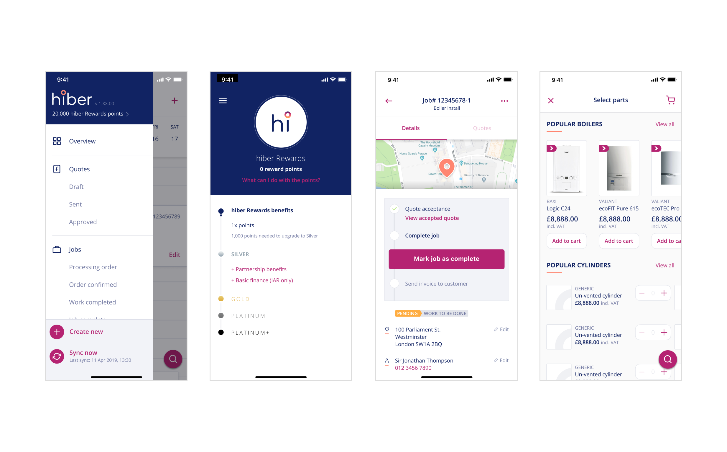 Comprehensive view of Hiber UK app interface screens highlighting parts ordering, work order management, customer scheduling, and automated invoice generation features